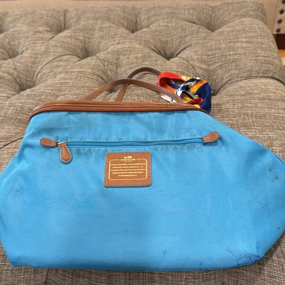 Coach Bag Canvas and Leather Trimmed Blue and Brown Tote - Picture 14 of 17